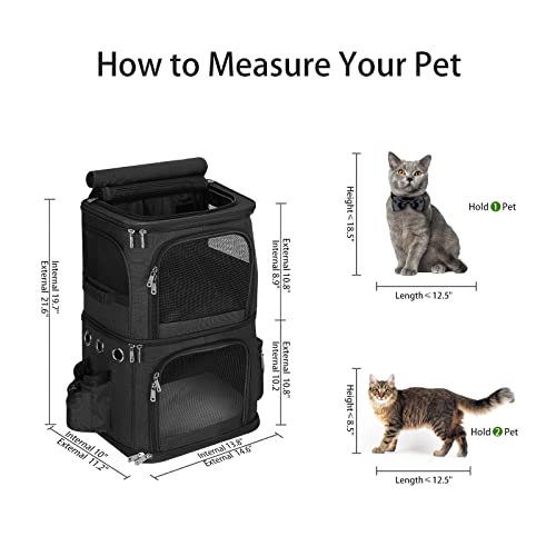 Double Cat Carrier Backpack for 2 Cats or Small Dogs (14.6"L x 11.2"W x 21.6"H / Black)