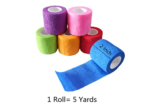 6 Pack 2" x 5 Yards Self Adhesive Bandage Wrap Breathable Cohesive Vet Wrap for Pets (2 Inch (Pack of 6) / Mixed Colors)