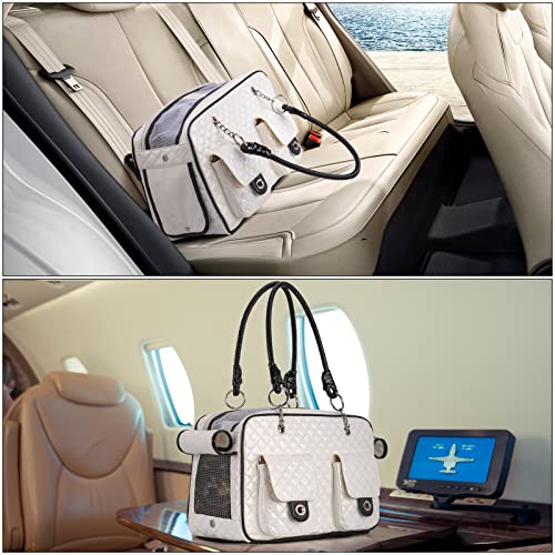 Pet Carrier Fashion Dog Carrier Purse Leather Tote Handbag Bag for Small Puppies Dogs Cat Small Animals Soft TSA Airline (White)