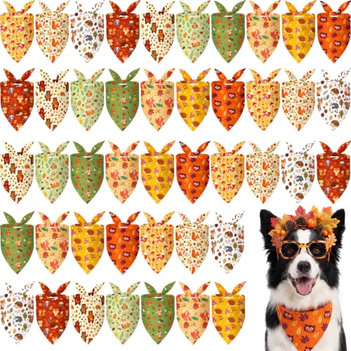 50 Pcs Fall Dog Bandanas Bulk for Autumn Pet Soft Bibs Adjustable Squirrel Fox Hedgehog Kerchief Bandana for Small Medium Large Grooming Accessories (Fall Animals / 25.6 x 17.7 x 17.7 Inch)