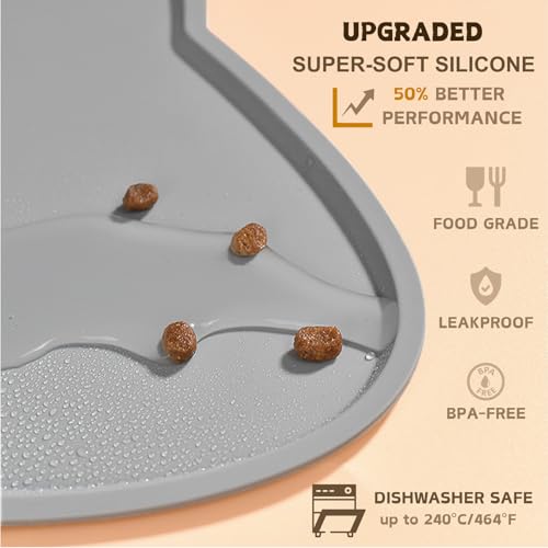 Cat Food Mat Silicone Non Slip Dog Bowl Mat Waterproof Cat Feeding Mat Stop Food Spills and Water Messes Out to Floor Pet Food Mat (Dark Gray / 20" x 12")