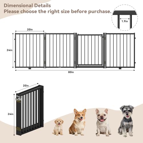 Full Metal Freestanding Dog Gate with Door (【4 Panels】80"W*24H" / Black)