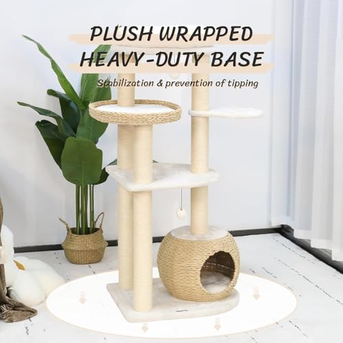 Modern Solid Wood Cat Tree for Large Cats 53 Inch (005 White)
