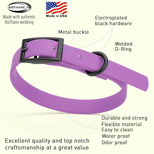 Biothane Waterproof Dog Collar Strong Coated Nylon Webbing with Black Hardware Odor (W1/2" x L9-12" / Amethyst Purple)