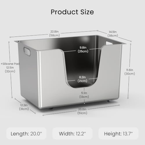 Enclosed Stainless Steel Cat Litter Box 11.8” High Sides (22.8"L x 14.9"W x 11.8"H)