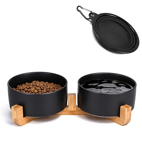Ceramic Dog Cat Bowls Set with Stand (Black / 400ML*2)