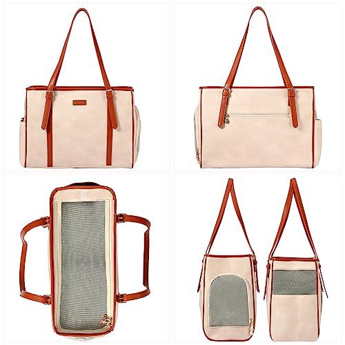 Fashion Dog Purse Pet Carrier Leather Bag for Small Dogs Cats Puppy (Beige)