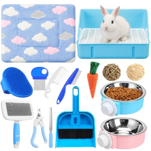 15 Pcs Rabbit Starter Kit Small Rabbit Litter Box Girls Gift Animal Grooming Kit Bunny Toys Bowl Blankets with Cleaning Set for Guinea Pig Accessories (Bright Blue)