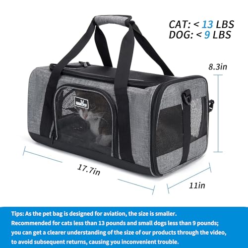 TSA & Airline Approved Soft Pet Carrier for Cats (17.7"L x 11.0"W x 8.3"H / 1.0 Grey)