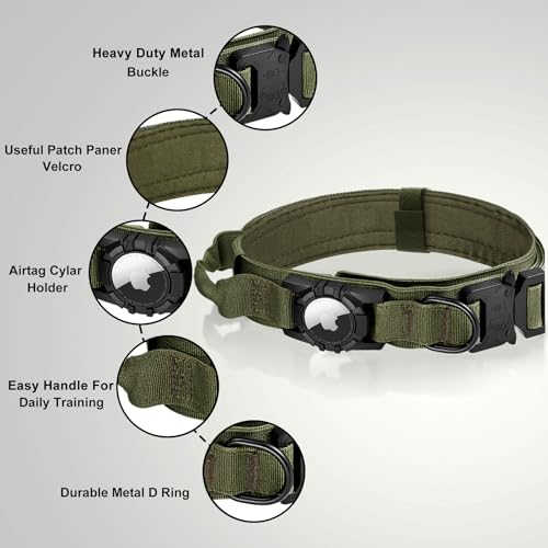 Tactical AirTag Dog Collar Leash Set (L(16.5"-20.5") / Green-SET)