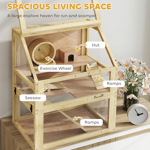 Wooden Hamster Cage 3 Tier for Dwarf Gerbil 24"x16"x29.5" Natural (Natural Wood / 23.6"L x 15.7"W x 29.5"H)