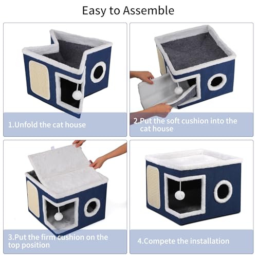Cat House Bed for Indoor Cats with Fluffy Ball and Scratch Pad Blue (Blue / Large)