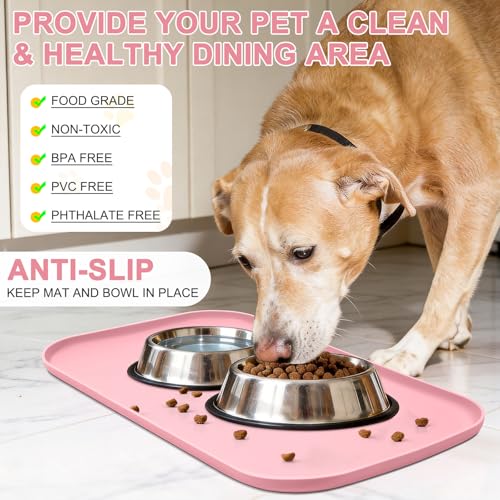 Waterproof Silicone Pet Food Mat with Raised Edge for Dog & Cat (Sakura Pink / 19"L x 12"W)
