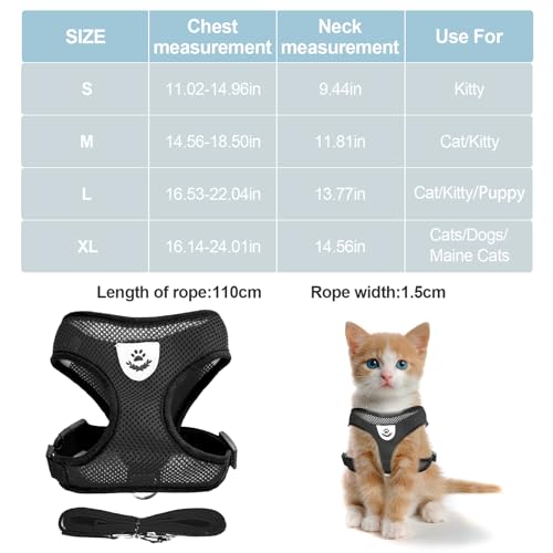 Black Cat Harness and Leash Set (black / S：(Neck:9.44" chest:11.02"-14.96"))