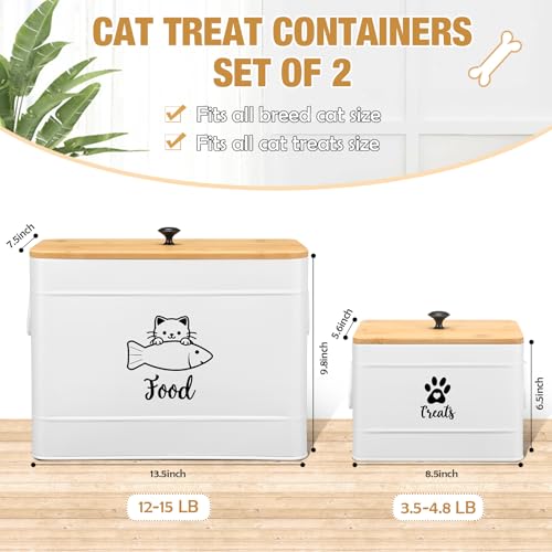 2 Pcs Large Metal Cat Food Storage Containers 12+3.5 Lbs Decorative Pet Treat Snack Jars Airtight Bamboo Lids & Dry Food Scoop for Farmhouse Kitchen Counter Decor (White)