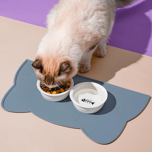 Cat Food Mat Silicone Non Slip Dog Bowl Mat Waterproof Cat Feeding Mat Stop Food Spills and Water Messes Out to Floor Pet Food Mat (Stone Blue / 20" x 12")