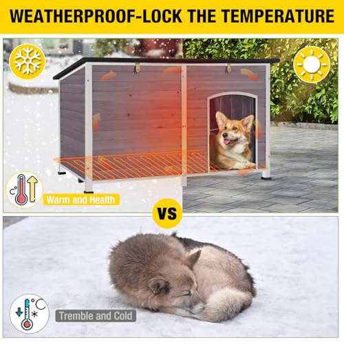 Heated Dog House with Electric Heating Pad Extra Large 59.1" Outdoor & Indoor Dog Kennl with Insulated Liner Keep Warm in Winter (59.1"Grey(Heating pad))