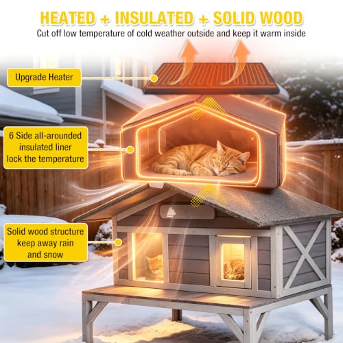 Cat House Outdoor Heated Cat House with Heater Feral Kitty Shelter with 100% Insulated Liner Weatherproof for Winter