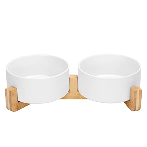 Ceramic Dog and Cat Bowl Set with Wooden Stand (7.6 cups / White × 2)