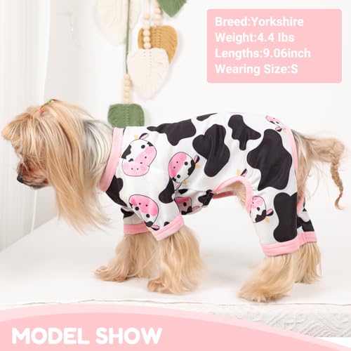 Dog Pajamas Small Sized Dogs Stretchable Summer Dog Clothes Pjs 4 Legs Girl Boy Cute Soft Puppy Outfits Doggie Cat Jammies Jumpsuit Sleeper for Pet (Pink Cow / Large (Chest 17in ))