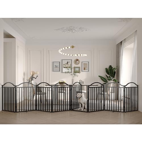 Metal No Assembly Freestanding Dog Gate with Door Walk Through (Black / 8 panels 196"W*32"H HFG)