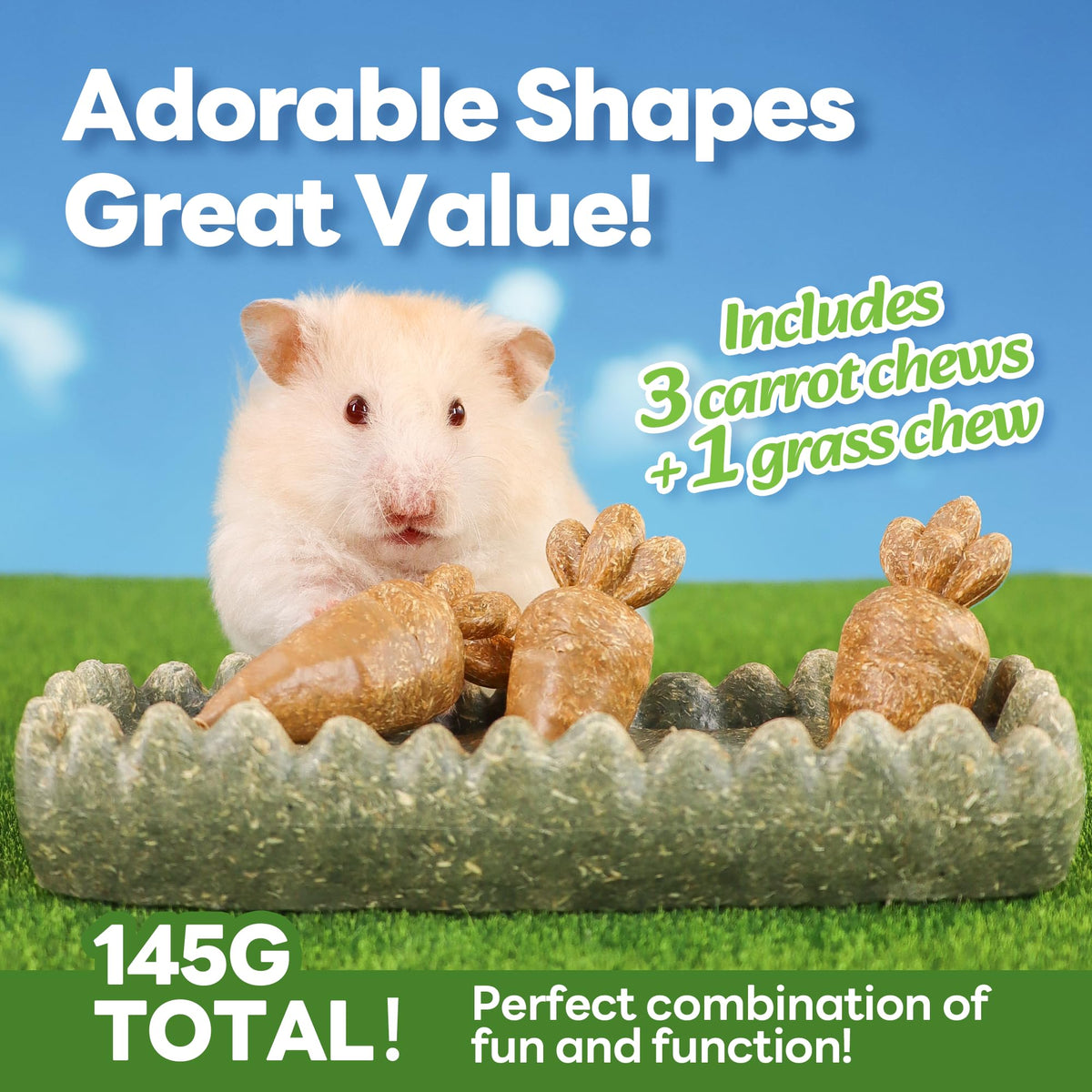 Guinea Pig Chew Toys (4PCS-Grass Patch & Carrots)