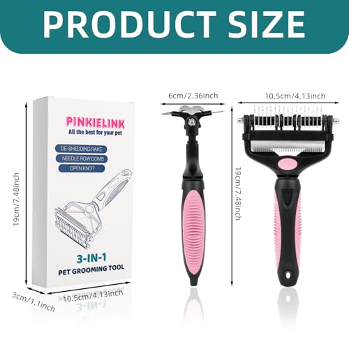 3-IN-1 Pet Grooming Tool - Undercoat Rake, Dematting Comb & Deshedding Brush for Cats, Dogs, Horses - Removes Mats, Tangles & Loose Fur, Reduces Shedding & Prevents Hair Mess (Pink) (Pink)