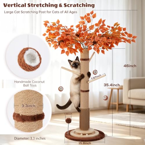 46" Extra Tall Cat Scratching Post with Toy for Large and Adult Indoor Cats (Brown(46" Tall))