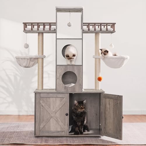 Cat Tree with Litter Box Enclosure for Indoor Big Cat HCT110SG (Rustic Gray / 60 inch)