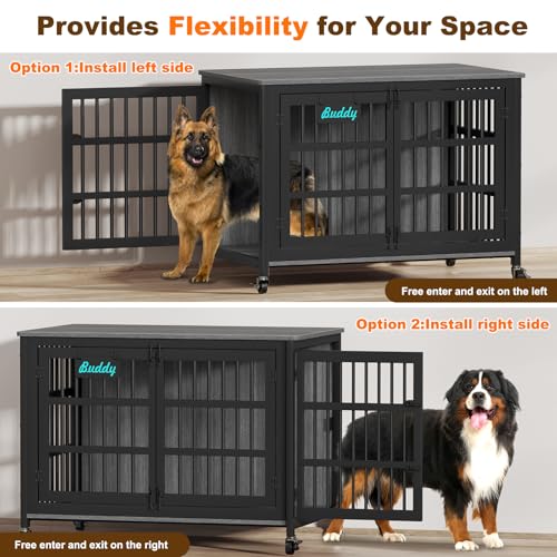 46"/43"/32" XXL Heavy Duty Dog Crate Furniture with Casters (46.14"L x 28.78"W x 35"H / Dark Grey)
