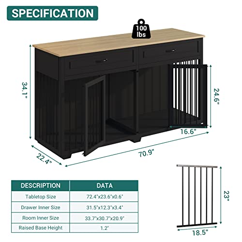 Large Dog Crate with Double Rooms (72.4"L x 23.6"W x 34.1"H / Black)
