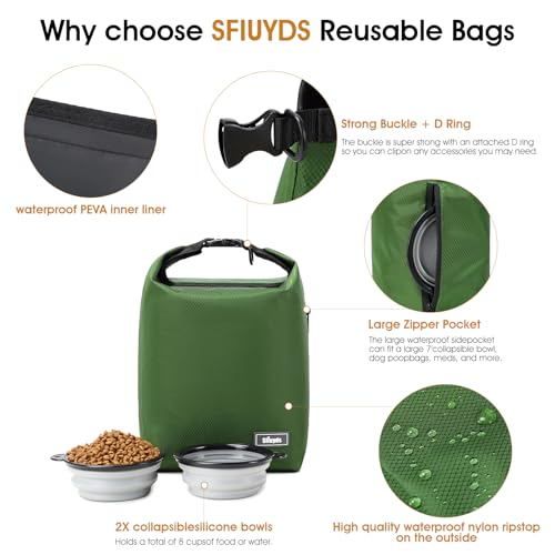 Dog Food Travel Bag with 2PCS Collapsible Dog Travel Bowls Air Tight Dog Food Storage Container (Green / 12L)