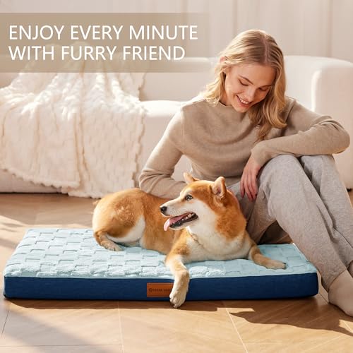 Orthopedic Large Dog Bed Washable Pet Crate Mat 48''X30'' Blue (Blue / 48"L x 30"W x 3.5"Th)