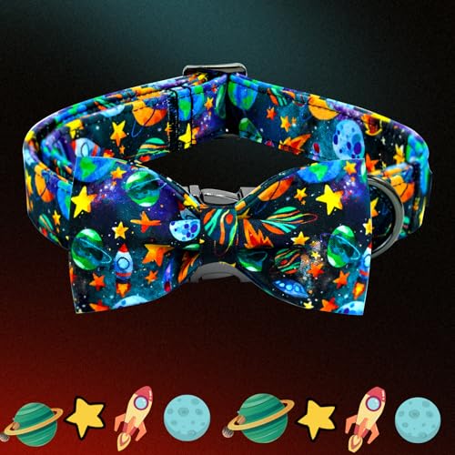 Dog Collar Boy Pet Collars Blue Durable Soft Bow (Starship Rocket / Small (Pack of 1))