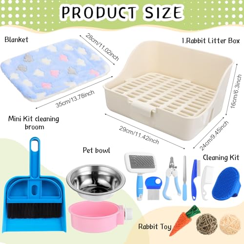 15 Pcs Rabbit Starter Kit Small Rabbit Litter Box Girls Gift Animal Grooming Kit Bunny Toys Bowl Blankets with Cleaning Set for Guinea Pig Accessories (Multicolor)