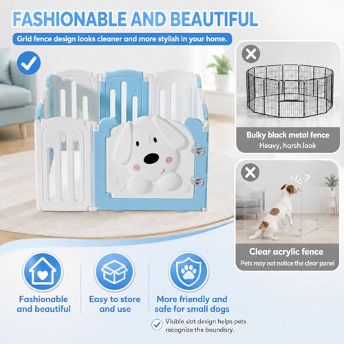 Puppy Play Pen for Indoors with Cute Dog Pattern Door (blue&white / 10 Fence Panels+1 Door)