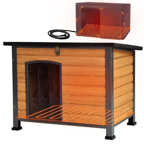 Heated Dog House Outdoor with Heating Pad Insulated Dog Kennl for Winter (33.5" Brown(With Heated Liner))