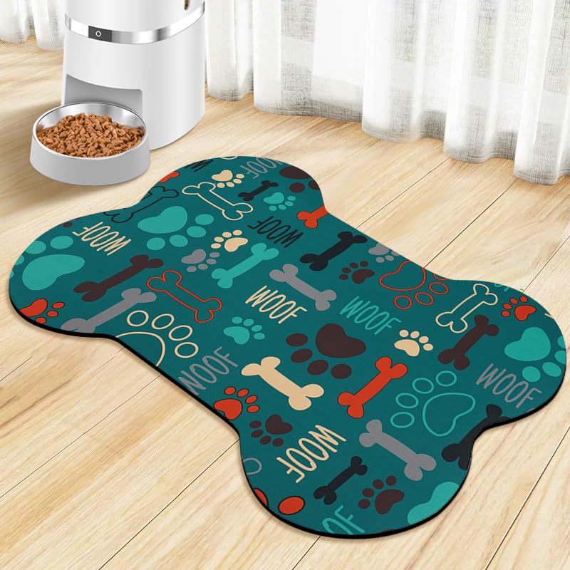 Dog Food Mats for Floors Waterproof (Green Bone / 25.5"L x 17"W)