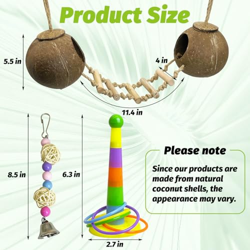 5Pcs Bird Coconut House with Ladder Parakeet Coconut Nest for Cages Parrot Hut Hanging Natural Coconut Fiber Conure Chewing Toys for Cockatiel Budgie Lovebird Cockatoos