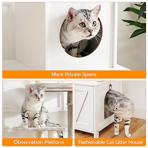 Cat Tree Tower with Litter Box Enclosure for Indoor (White)