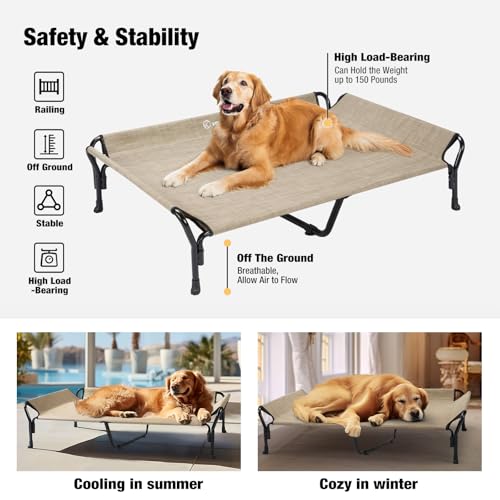Cooling Elevated Dog Bed (Beige Coffee / 50.5"L x 33.5"W x 12.0"Th)