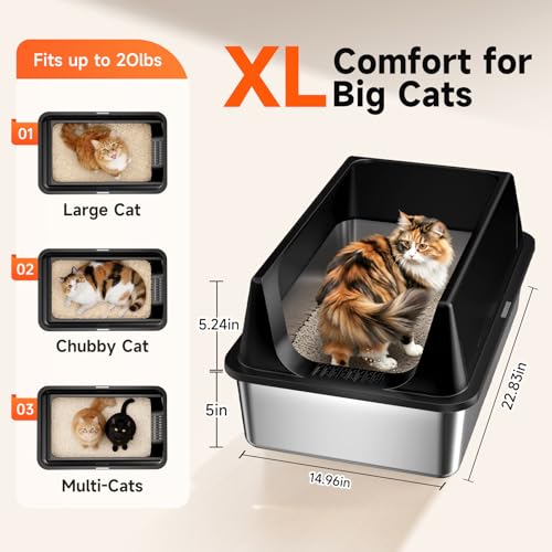 2 Pack XL Stainless Steel Litter Box with High Sides for Large Cat (Black-2Pack)