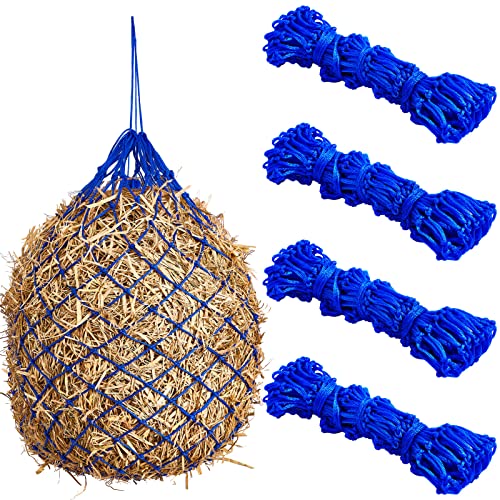 4 Pcs Slow Feed Hay Net Feeder Hay Bag for Horses Slow Feeder 40 Inch Length with 2 Inch Holes Hanging Horse Feed Net for Goat Cattle Equine Stalls Barn Supplies (Blue)