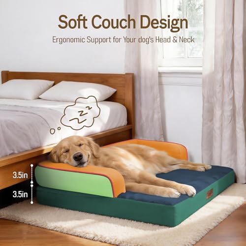 Washable Dog Bed with Bolster for Medium to Large Dogs (Citrus Grove / 36"L x 27"W x 7.5"Th)
