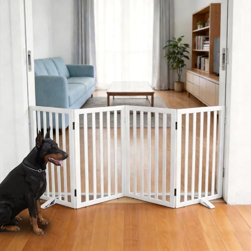 Freestanding Indoor Dog Gate for House Foldable Wood White Puppy Gate for Doorways Pet Gate for Stairs Extra Wide Pet Fence 32" Height 4 Panels (White / 【4 Panels】80''w x 32''h)