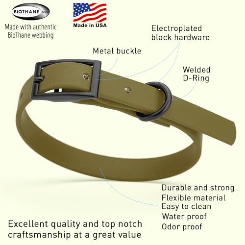 Biothane Waterproof Dog Collar Strong Coated Nylon Webbing with Black Hardware Odor (W1/2" x L9-12" / Olive Drab Green)