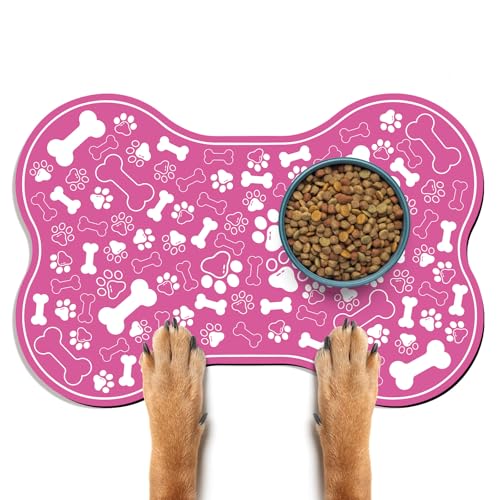 Dog & Cat Food Mat Bone Shaped Pet Feeding Mat Quick Absorb Water Bowl Placemat with Rubber Backing Indoor Floor Stain Resistant Pet Accessory Supplies (Pink / 16"L x 24"W)