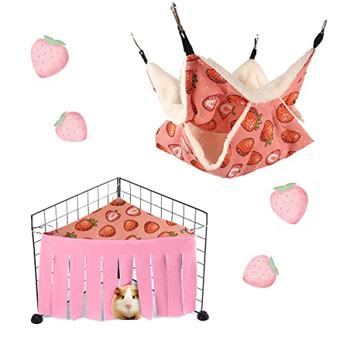 Guinea Pig Rat Ferret Hammock and Warm Bed Small Pet Hideout Tunnel Cave Hanging Bunkbed Hammock Cage Toy for Hamster Sugar Glider Squirrel (2.Hammock & Hideout)