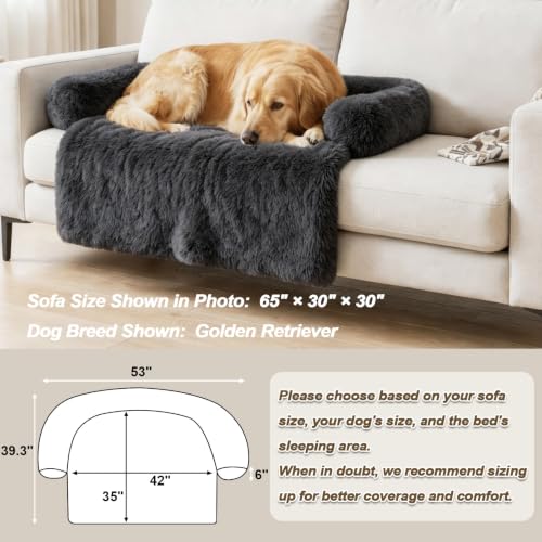 Calming Dog Bed Fluffy Plush Dog Mat for Furniture Protector with Removable Washable Cover for Large Medium Small Dogs and Cats (Dark Grey / 53.0"L x 39.3"W x 6.0"Th)