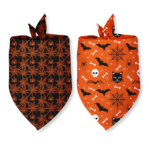 Halloween Bandanas for Dogs 2 Pack Thanksgiving Halloween Holiday Pumpkins Ghosts Spider Web Fall Dog Bandanas Pet Scarf Accessories for Small Medium Dogs & Cats (C)